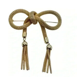 Vintage Gold Mesh Bow Brooch Tassle Waterfall 3D Pin Rolled Gold